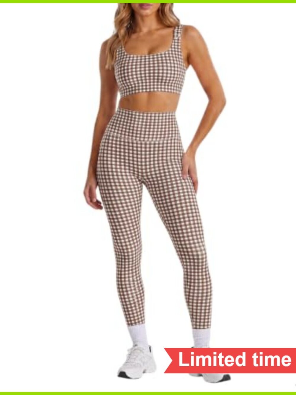 Womens Gingham 2 Piece Athletic Set Sports Bra High Waist Leggings Matching
